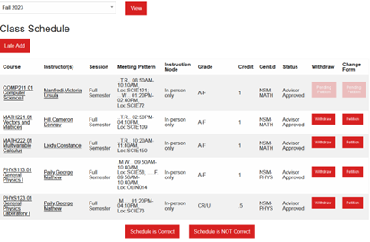 Picture of class schedule.